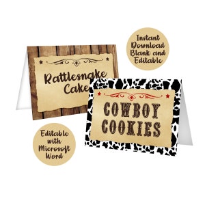 Barracas de comida para festas ocidentais, download instantâneo, rótulos de comida para festas de cowboy, barracas de comida editáveis, barraca de comida para impressão