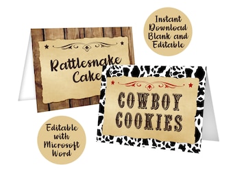 Western Party Food Tents, Instant Download, Cowboy Party Food Labels, Editable Food Tents, Printable Food Tent