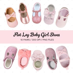 Flat Lay Baby Girl Shoes PNG Files Bundle, 10 Pair Pink Cute Shoes PNG with Transparent Background, Top View Clipart, Digital Download