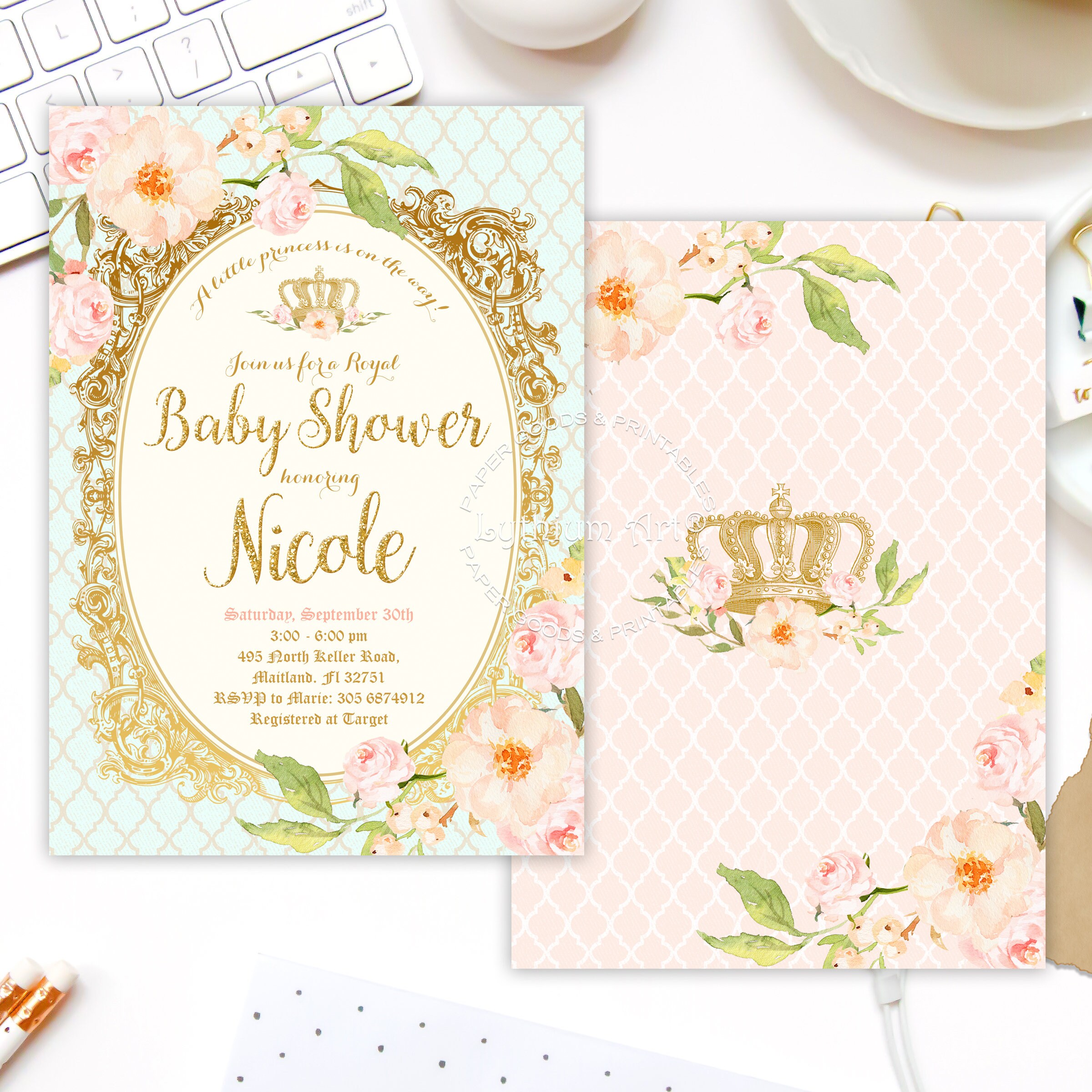 Princess Baby Shower Invitation Printable File Back Design | Etsy