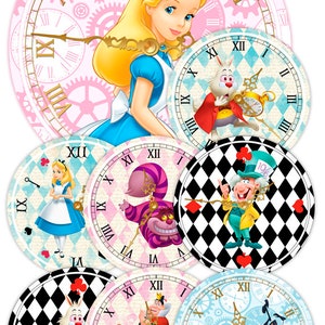 May include: Six round Alice in Wonderland themed clock faces with different characters from the story. The clock faces are pink, blue, and black and white checkered. The characters include Alice, the Mad Hatter, the Queen of Hearts, the Cheshire Cat, and the White Rabbit.