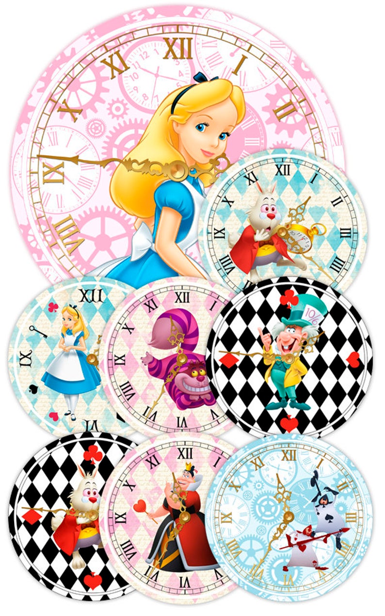 May include: Six round Alice in Wonderland themed clock faces with different characters from the story. The clock faces are pink, blue, and black and white checkered. The characters include Alice, the Mad Hatter, the Queen of Hearts, the Cheshire Cat, and the White Rabbit.