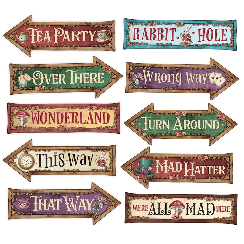 Alice in Wonderland Directional Arrows, Printable Storybook Style Party Signs, Retro Vintage Decor image 3