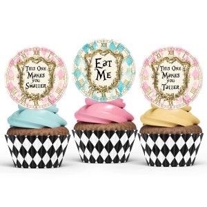 Alice In Wonderland Vintage Cupcake Toppers, 6 Printable Round Labels, Instant Download, Wonderland Party Decorations, Mad Hatter Tea Party