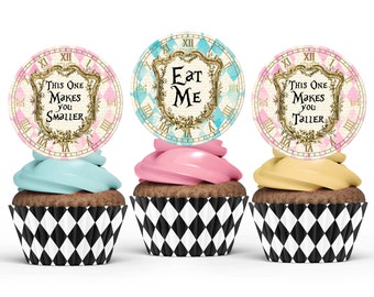 Alice In Wonderland Vintage Cupcake Toppers, 6 Printable Round Labels, Instant Download, Wonderland Party Decorations, Mad Hatter Tea Party