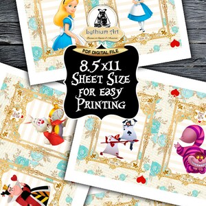May include: Printable Alice in Wonderland party favor tags featuring characters from the story. The tags are in a gold frame with a blue and white floral background. The text on the tags says "Don't Be Late".