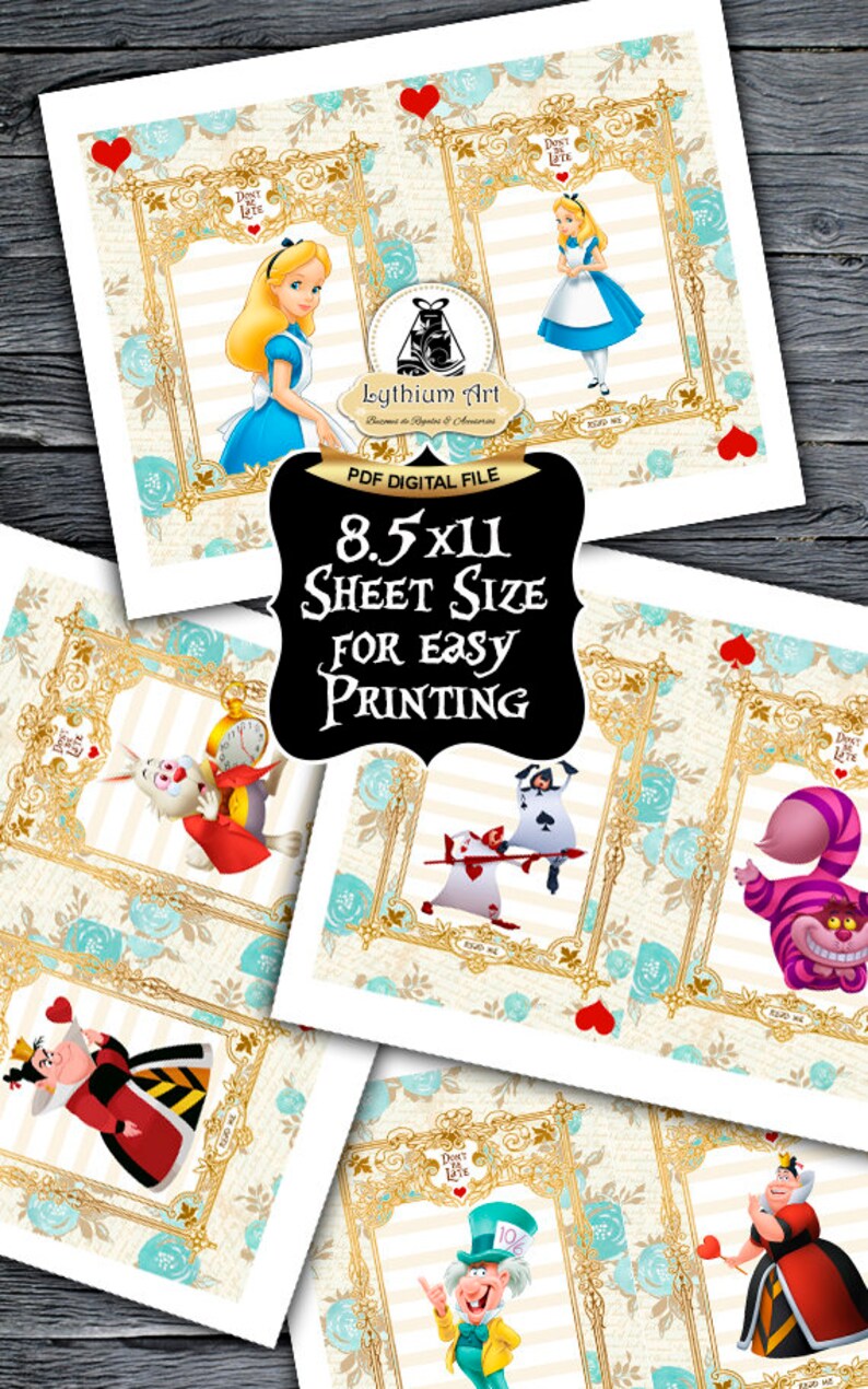 May include: Printable Alice in Wonderland party favor tags featuring characters from the story. The tags are in a gold frame with a blue and white floral background. The text on the tags says "Don't Be Late".