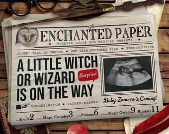 Eine kleine Hexe oder ein Zauberer ist unterwegs, Digitale Schwangerschaftsansage, Geschlechtsneutrale Babyansage, Magisches Baby
