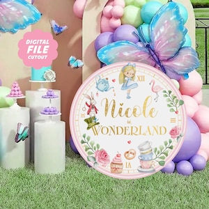 Alice no País das Maravilhas Recorte de Relógio Imprimível, Suporte para Festa no País das Maravilhas, Decoração de Festa de Aniversário, Arquivo Digital de Relógio Alice Personalizado