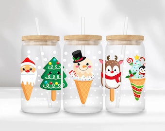 Weihnachts-Eis-Glasfolie, 16oz Glasdose, Sublimationsdesign, PNG, DIY Weihnachtsdekoration, Eis-Pop-Schnee, DTF, digitale Übertragung