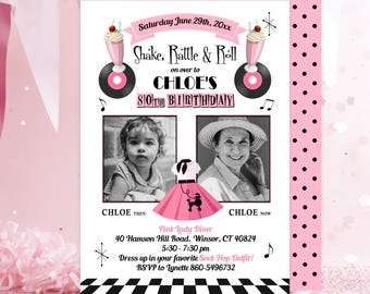 May include: A birthday invitation card featuring a 1950s theme with pink milkshakes, vinyl records, and a poodle skirt graphic. It includes two black and white photos labeled Chloe Then and Chloe Now, with text for an 80th birthday at Pink Lady Diner.