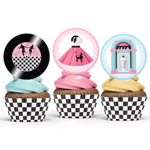 50s Sock Hop Party Cupcake Toppers, Instant Download, 50s Party Toppers, 4 Printable Round Labels, 50s Sock Hop Party Decorations