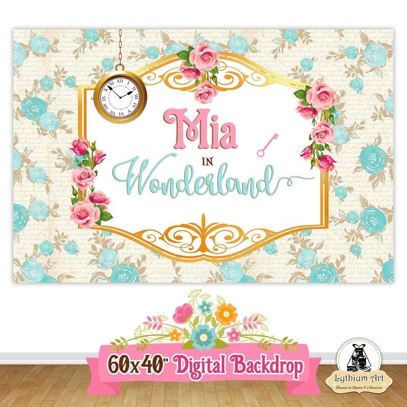 May include: A digital backdrop featuring a gold frame with the text "Mia in Wonderland" in pink and blue lettering. The frame is decorated with pink roses and a gold key. A gold pocket watch with Roman numerals hangs from the top of the frame. The background is a cream color with a pattern of blue flowers.