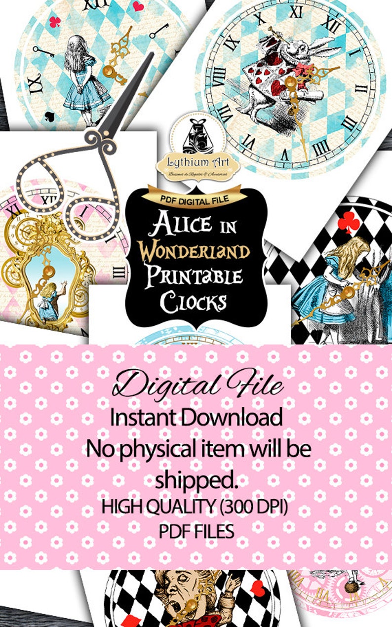 ALICE IN WONDERLAND Clocks, Printable Clock, Vintage Alice, Alice in Wonderland Party, Alice in Wonderland Decorations, Birthday Party Decor image 4