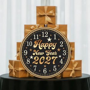 Happy New Year 2027 Sign, Black Gold Clock Decor, Digital Download