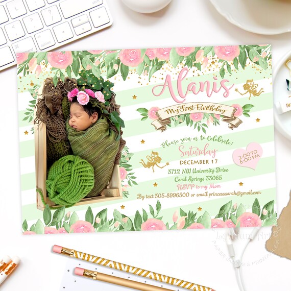 Fairy Invitation, Fairy Invite, Fairy Birthday Invitation, Fairy Party Invitation, Mint and Gold, Fairy Photo Invitation, Fairy Digital Il_570xn