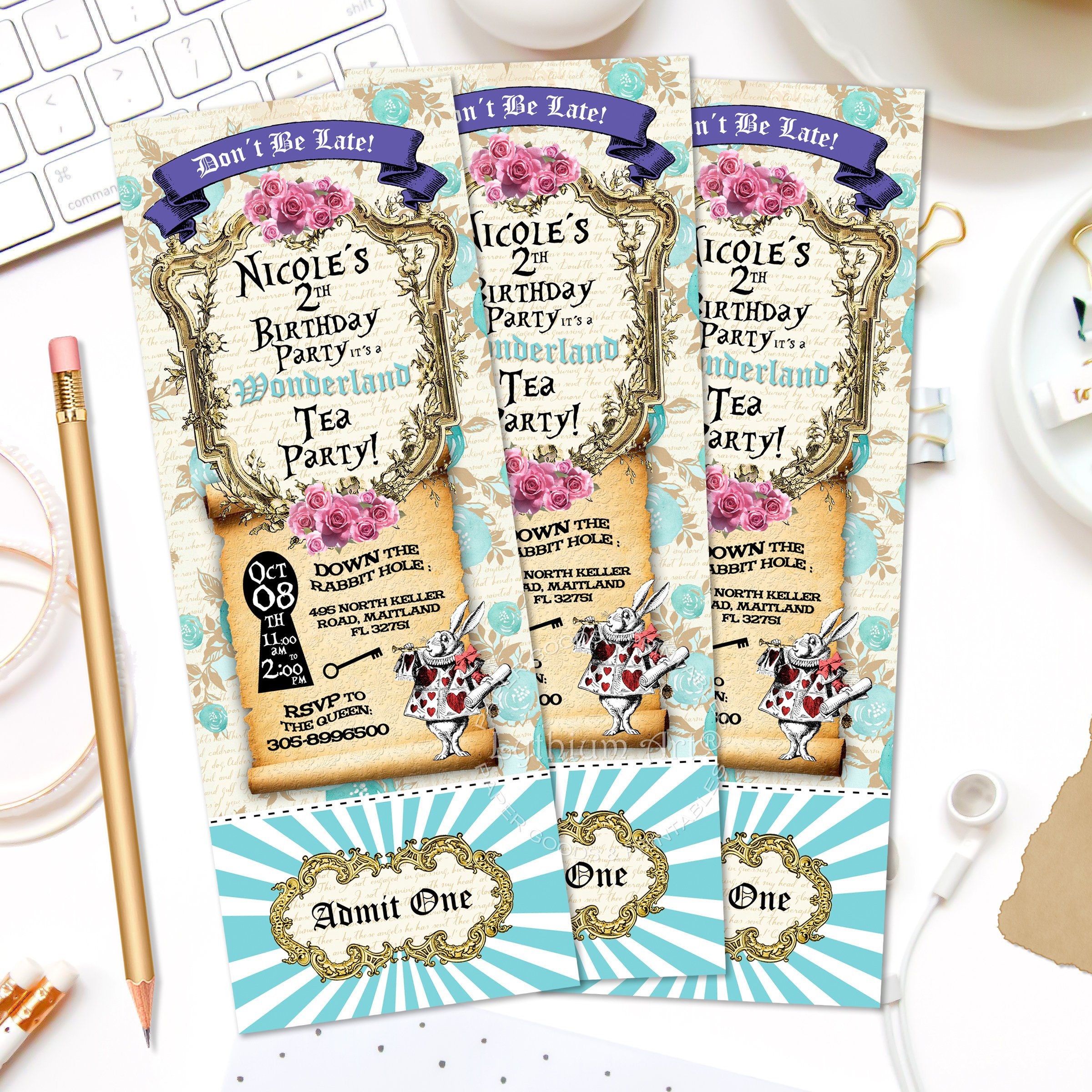 ALICE IN WONDERLAND Ticket Invitation Printable File Etsy