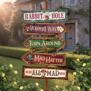 May include: A whimsical wooden signpost with directional signs, each featuring text and illustrations from Alice in Wonderland. Signs include "Rabbit Hole," "Wrong Way," "Turn Around," "Mad Hatter," and "We're All Mad Here." The signs are set in a garden.