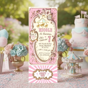 Carousel Invitation, Vintage Carnival Ticket for Girl Birthday Party, Printable and Personalized