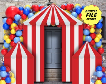 Zirkuszelt-Eingangsausschnitt, digitaler Download, druckbare 3-teilige Standup-Requisite für Zirkus-Party-Dekoration, Karneval, Motto-Geburtstag