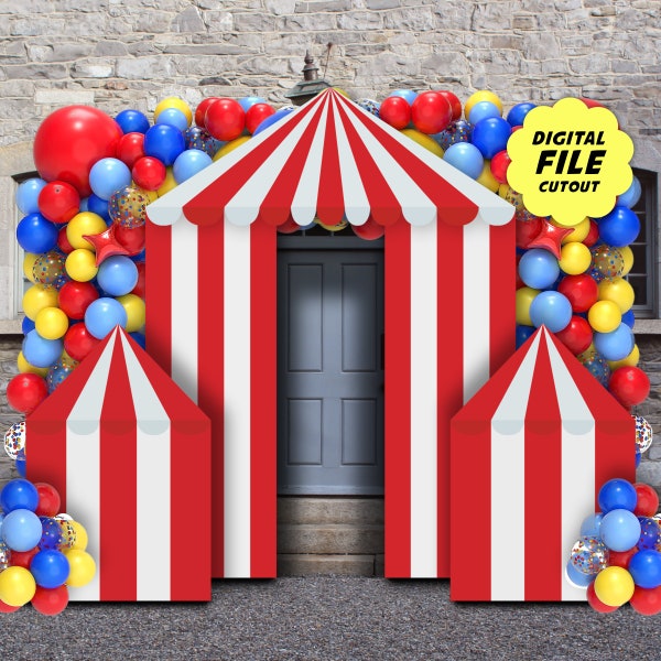 Zirkuszelt-Eingangsausschnitt, digitaler Download, druckbare 3-teilige Standup-Requisite für Zirkus-Party-Dekoration, Karneval, Motto-Geburtstag