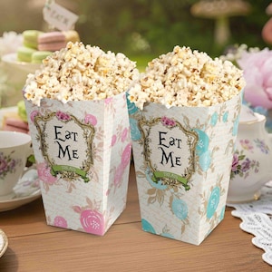 Boîte à pop-corn Alice au pays des merveilles, modèle imprimable de boîte à friandises « Eat Me » pour décoration de fête au pays des merveilles