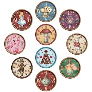 May include: A collection of round clocks with Alice in Wonderland-themed designs. Each clock features a different character or element from the story, including Alice, the Cheshire Cat, and the Mad Hatter. The clocks have a wooden frame.