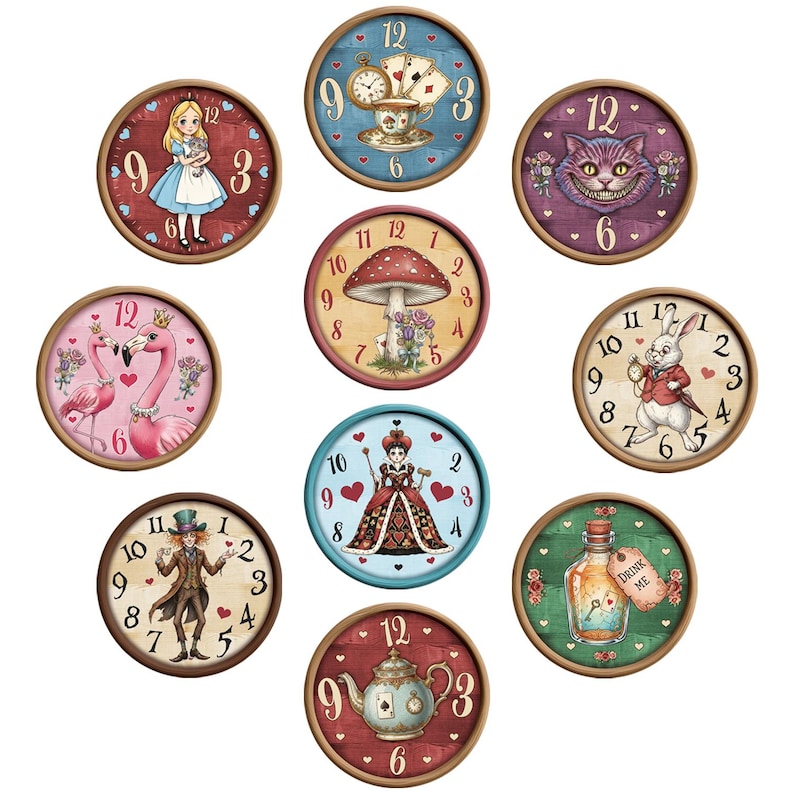 May include: A collection of round clocks with Alice in Wonderland-themed designs. Each clock features a different character or element from the story, including Alice, the Cheshire Cat, and the Mad Hatter. The clocks have a wooden frame.