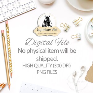 May include: A top-down view of a workspace with a keyboard, pencils, and stationery. The image features the text "Digital File" and "Lythium Art Paper Goods & Printables". The pencils have gold and white chevron patterns. The image is on a white background.