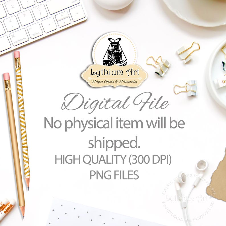 May include: A top-down view of a workspace with a keyboard, pencils, and stationery. The image features the text "Digital File" and "Lythium Art Paper Goods & Printables". The pencils have gold and white chevron patterns. The image is on a white background.