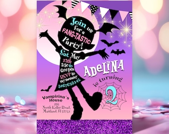 May include: A rectangular party invitation card featuring a purple and pink gradient background with a black silhouette of a character with bat wings. The text reads Join us for a FANG-TASTIC Party, ADELINA is turning 2, and includes event details.