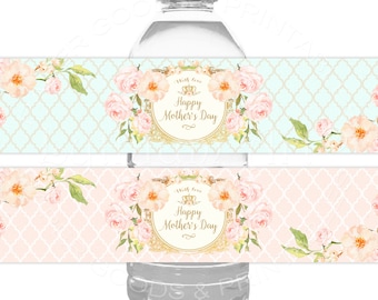 Mothers Day Water Bottle Labels, INSTANT DOWNLOAD, Printable Happy Mothers Day Bottle Wrappers, Floral Water Bottle Labels