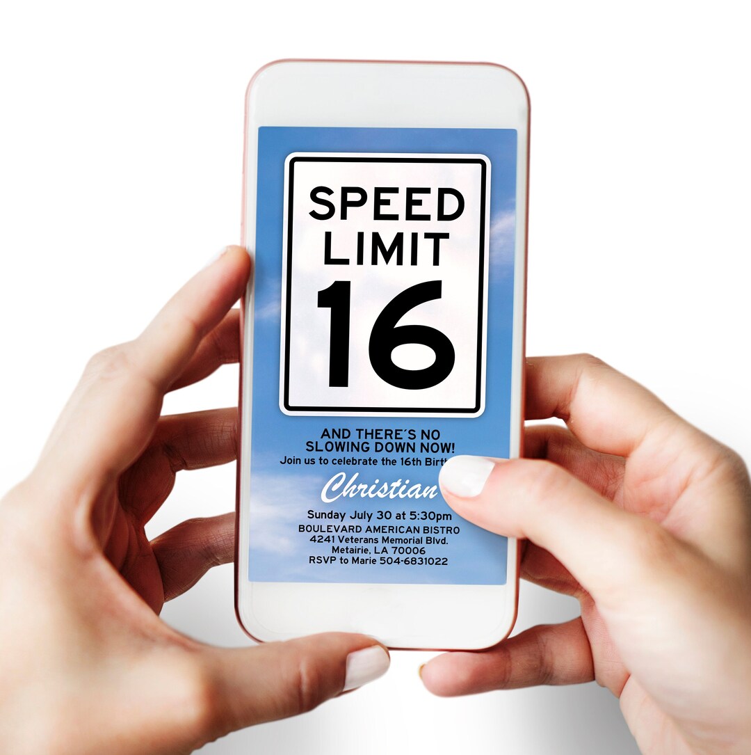 Speed Limit 16 Digital Invitation, Sixteen Birthday Party Evite, Adult