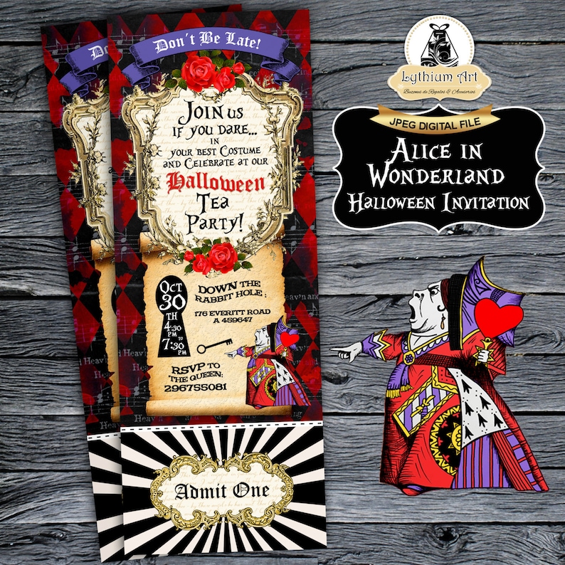 Peut inclure: Une invitation &agrave; une f&ecirc;te d'Halloween sur le th&egrave;me d'Alice au pays des merveilles avec un sch&eacute;ma de couleurs rouge, blanc et noir. L'invitation pr&eacute;sente une illustration de style vintage de la Reine de C&oelig;ur, un trou de serrure et une cl&eacute;. Le texte sur l'invitation se lit comme suit : "Ne soyez pas en retard !" "Rejoignez-nous si vous osez... dans votre meilleur costume et c&eacute;l&eacute;brez &agrave; notre f&ecirc;te du th&eacute; d'Halloween !" "30 octobre 16h30 - 19h30" "En bas du terrier du lapin, 176 Everitt Road, A 430647" "RSVP &agrave; la Reine, 296755081" et "Admettre une personne".