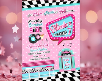 50's Sock Hop Invitation, Pink 1950s Retro Diner Invite, Digital Download