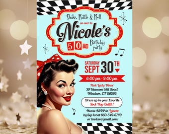 May include: A light blue birthday party invitation featuring a black and white checkered border, a red-framed text box, and an illustration of a person with a red polka dot hair bow. Text includes Shake, Rattle & Roll, Nicole's 50th Birthday party.