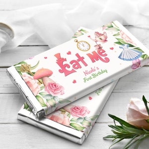 ALICE IN WONDERLAND Candy Bar Wrappers, étiquettes Eat Me imprimables et personnalisées, faveur de fête personnalisée au pays des merveilles, décorations de fête Alice