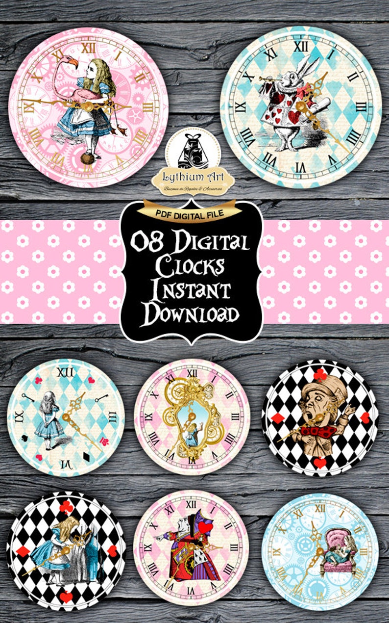 ALICE IN WONDERLAND Clocks, Printable Clock, Vintage Alice, Alice in Wonderland Party, Alice in Wonderland Decorations, Birthday Party Decor image 3