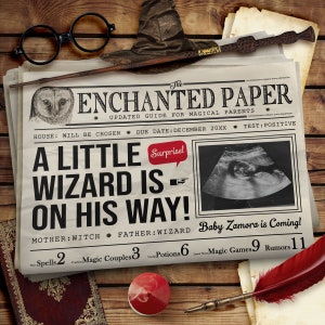 Ein kleiner Zauberer ist unterwegs, Schwangerschaftsanzeige in sozialen Medien, Digitale Datei, personalisierte Babyankündigung, Zauberer Baby