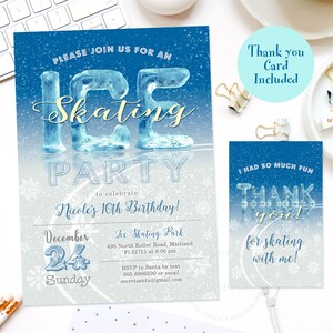 May include: A blue and white ice skating party invitation and matching thank you card featuring the text ICE SKATING PARTY to celebrate Nicole's 10th Birthday on December 24, Sunday, at Ice Skating Park, 495 North Keller Road, Maitland, FL 32751.