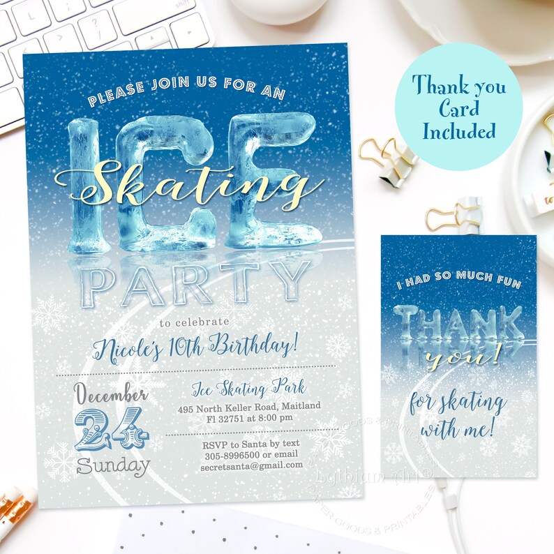 May include: A blue and white ice skating party invitation and matching thank you card featuring the text ICE SKATING PARTY to celebrate Nicole's 10th Birthday on December 24, Sunday, at Ice Skating Park, 495 North Keller Road, Maitland, FL 32751.