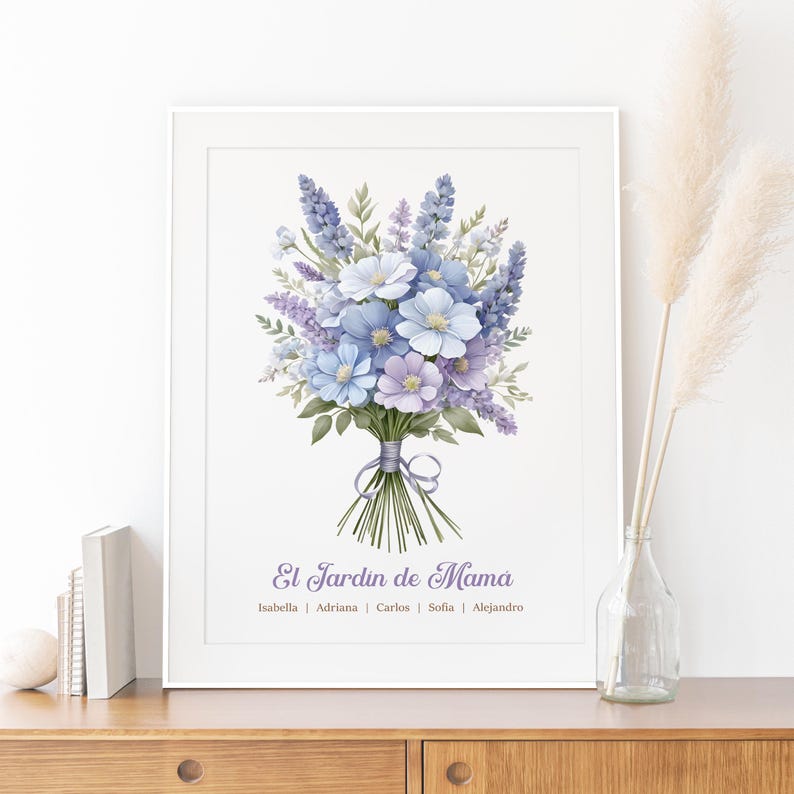 May include: A framed floral print featuring a watercolor bouquet of blue, lavender, and white flowers. The bouquet is tied with a ribbon. The text "El Jardin de Mama" is below the bouquet, with names underneath.