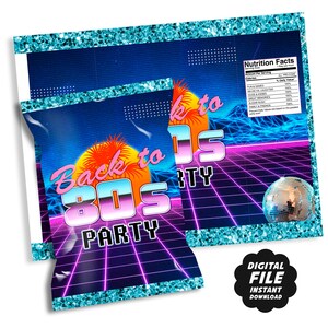 May include: A printable design for a party favor bag featuring a retro 80s theme with a neon pink, blue, and yellow color scheme. The bag features the text "Back to the 80s Party" and a disco ball graphic. The design is perfect for a party or event.