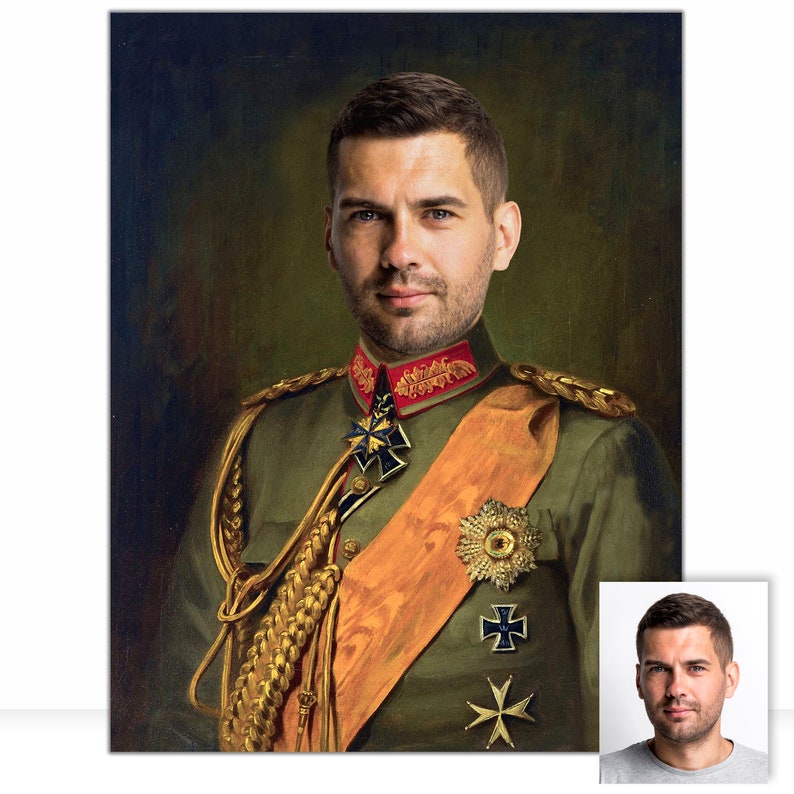 K&ouml;nnte beinhalten: Ein Portr&auml;t einer Person in Milit&auml;runiform. Die olivgr&uuml;ne Uniform hat goldene Z&ouml;pfe, einen roten Kragen und verschiedene Medaillen. Ein orangefarbenes Band ist &uuml;ber der Brust drapiert. Der Hintergrund ist dunkelgr&uuml;n.