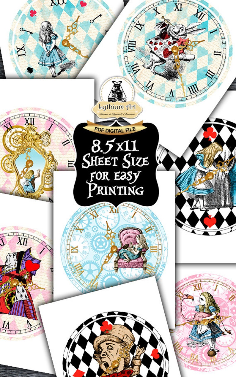 ALICE IN WONDERLAND Clocks, Printable Clock, Vintage Alice, Alice in Wonderland Party, Alice in Wonderland Decorations, Birthday Party Decor image 2