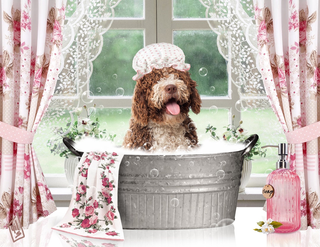 Dog Bathroom Decor, Pet Portrait From Photo, Pet in Bubble Bath, Farm ...