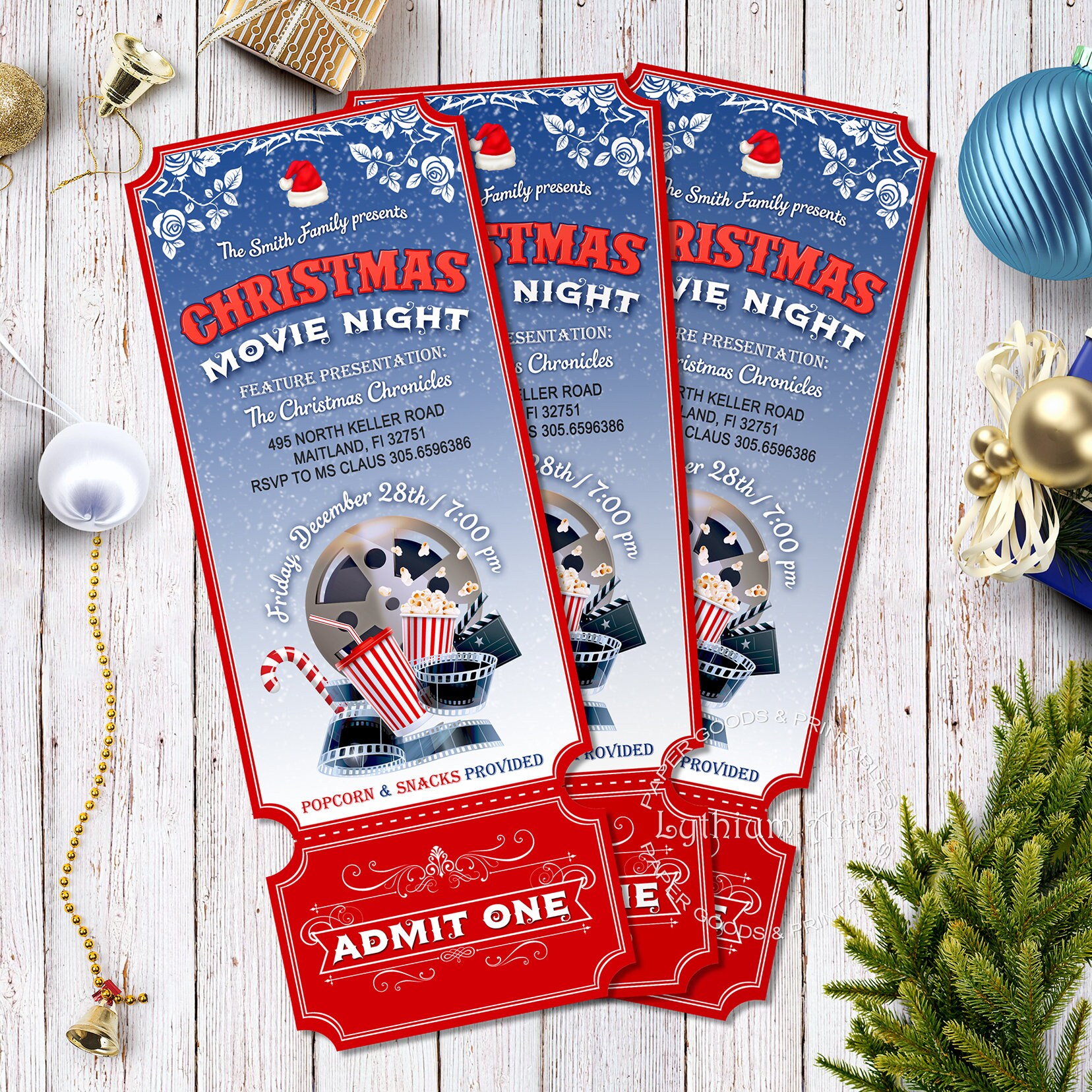 christmas movie night invitation printable ticket movie etsy