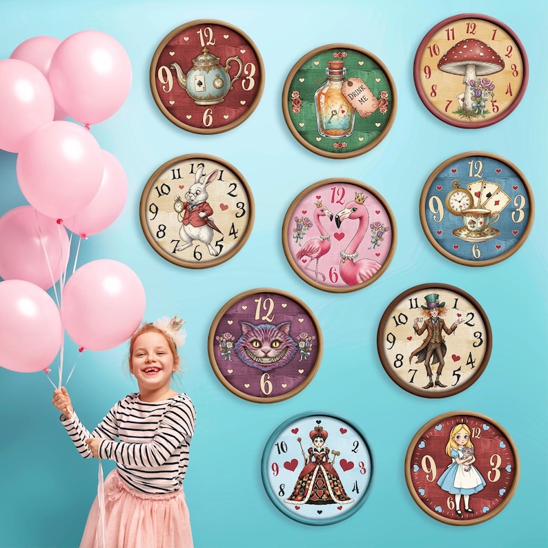 May include: A collection of round wall clocks with Alice in Wonderland themes. Each clock features a unique design, including a teapot, a mushroom, a rabbit, flamingos, and the Cheshire Cat. The clocks have a wooden frame and are mounted on a blue wall.