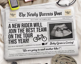 Cycling Digital Pregnancy Announcement, Neutral Gender Baby Reveal Announcement, Newspaper Gender Reveal for Social Media