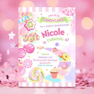 Candyland Party Invitation, Printable and Personalized Watercolor Birthday Invite for Girls
